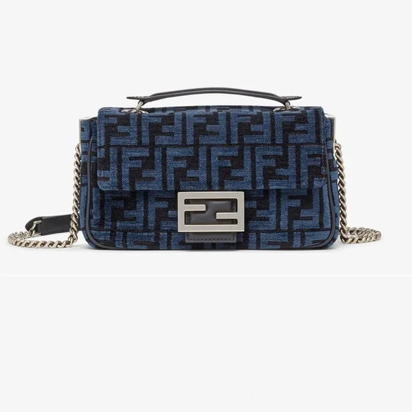 NEW Fendi Baguette Chain Midi Dark blue black FF tapestry bag silver hardware - Picture 3 of 15